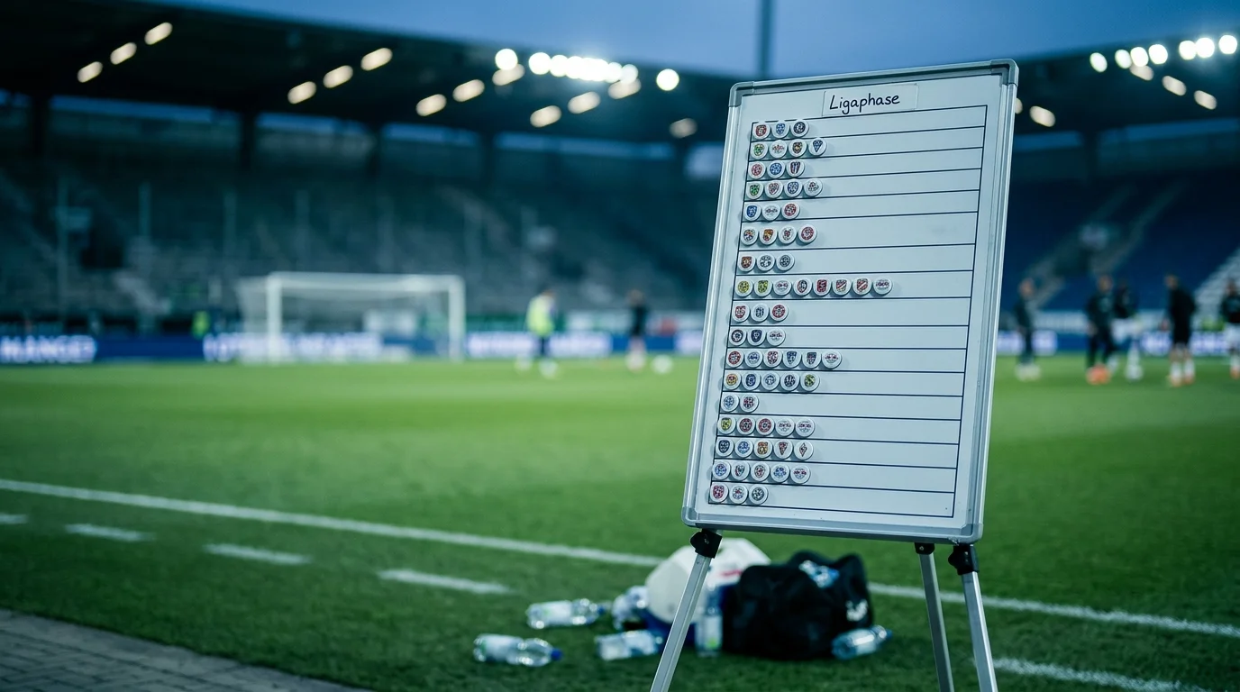 Taktiktafel am Spielfeldrand mit der Ligaphasen-Tabelle des 36-Team-Formats der Champions League